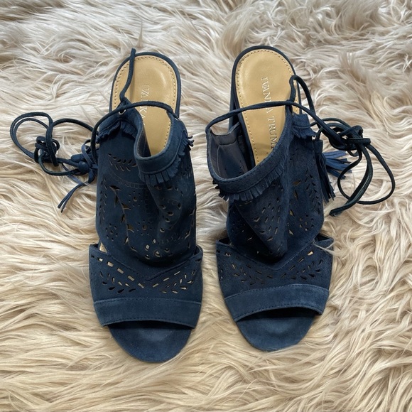 Ivanka Trump blue suede fringe lace up heels - Picture 5 of 9